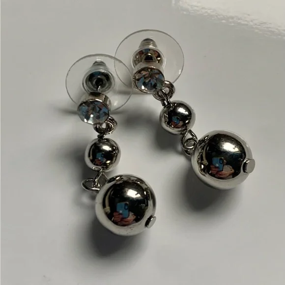 🪙Genuine Crystal & Silver Tone Dangling Ball Drop Stud Earrings by Cookie Lee - Picture 4 of 8